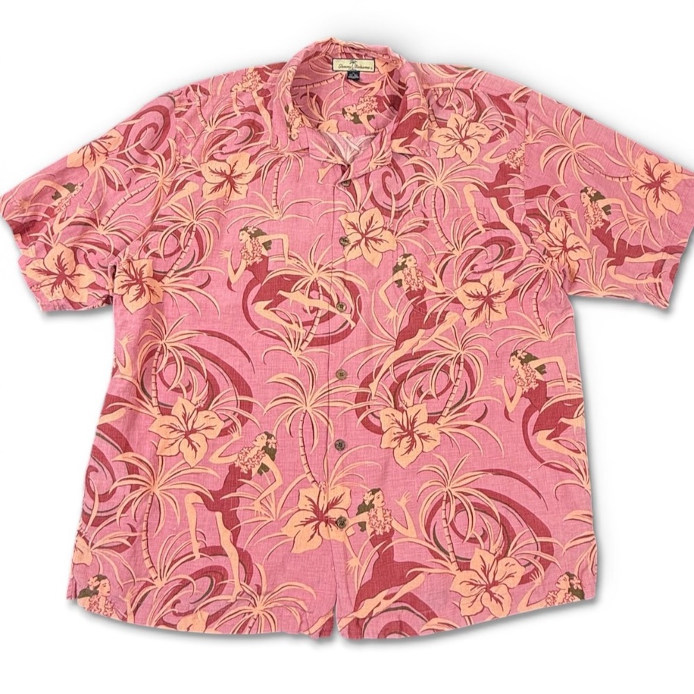 Tommy Bahama Camp Shirt Mens XL Pink Vintage Hawaiian Hula Girl Silk Linen Blend